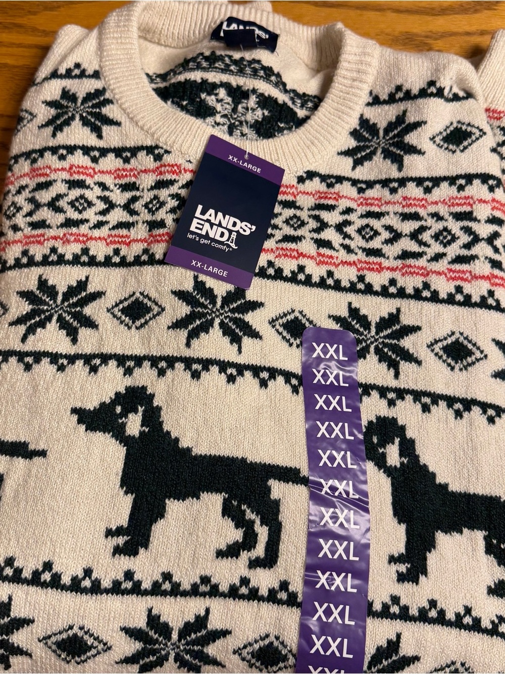 Lands' End Cream Crewneck Sweater with Back dogs NWT XXL